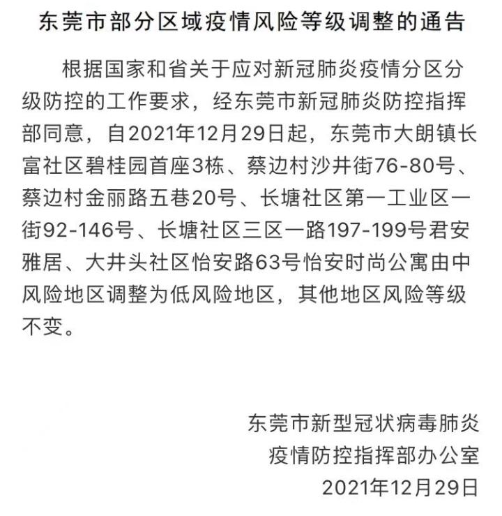 东莞市大朗镇部分区域疫情风险等级调为低风险