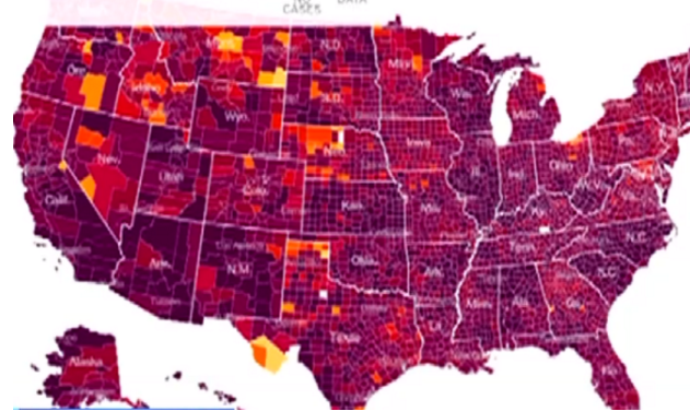 美媒发布新冠疫情地图整个美国全紫了