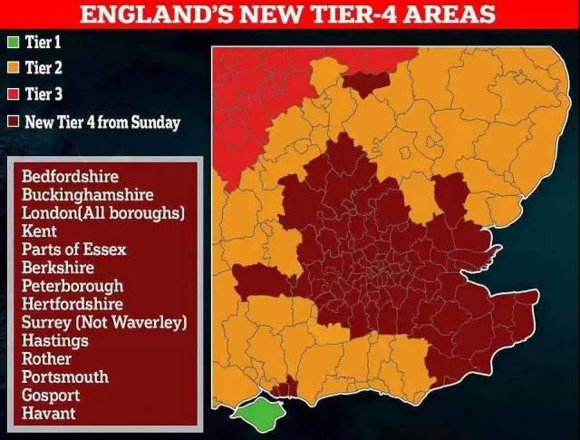 英国政府宣布将伦敦、英格兰东南部及东部部分地区的防疫级别升至四级。图源：每日邮报