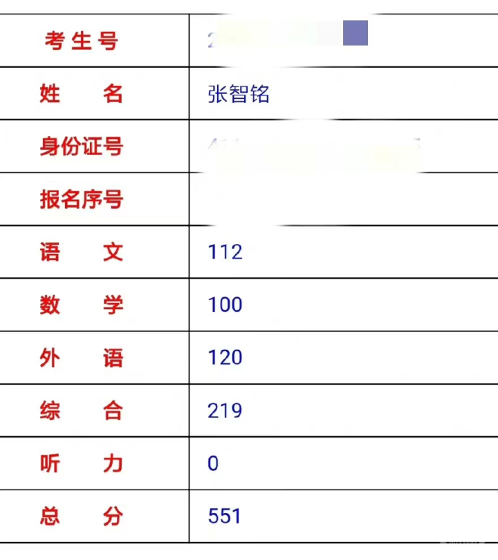 张智铭今年高考分数为551分，超过河南“本一”分数线（509分）足足42分。图片来源/受访者供图