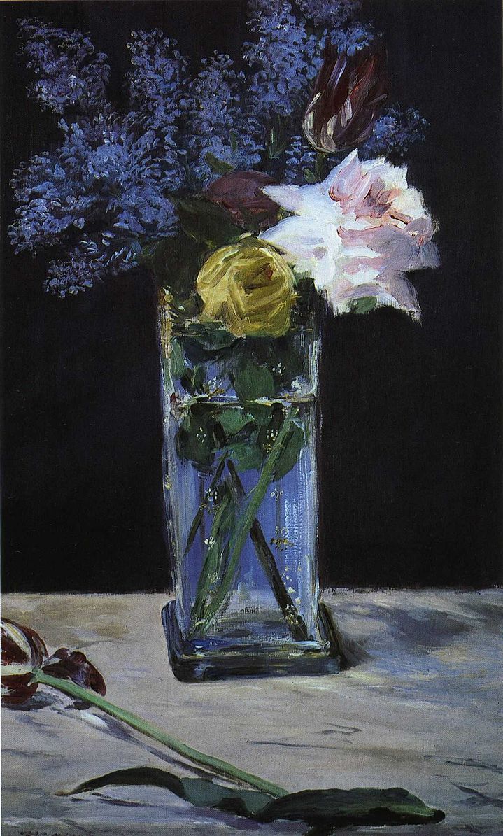 50.爱德华·马奈：《水晶花瓶里的玫瑰、郁金香和丁香》，布面油画，54x34cm，1881年，私人收藏。.jpeg