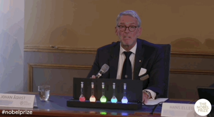在现场，瑞典皇家科学院秘书长Hans Ellegren展示了五个装有这种量子点发光材料的容量瓶.jpg