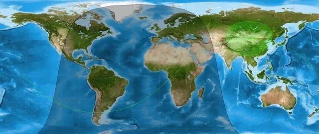 神舟飞船的星下点轨迹，途中绿色区域为着陆窗口。图源中国载人航天微信公号.webp.jpg