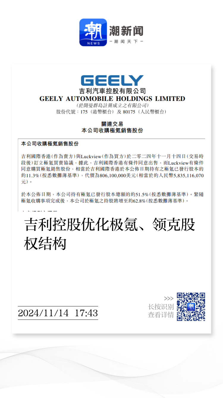 吉利控股优化极氪、领克股权结构